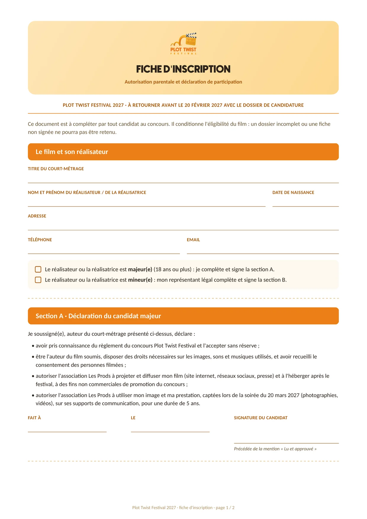 Première page de la fiche d'inscription