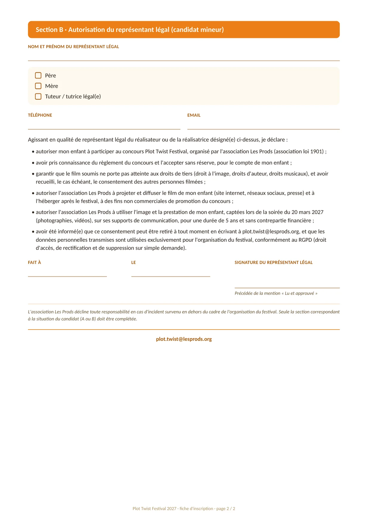 Deuxième page de la fiche d'inscription