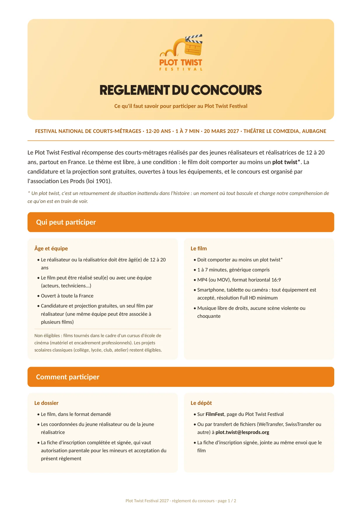 Première page du règlement du concours